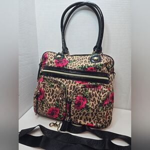 BETSEY JOHNSON “LEOPARD/FLORAL ROSES” 14" Tote Handbag  Strap
